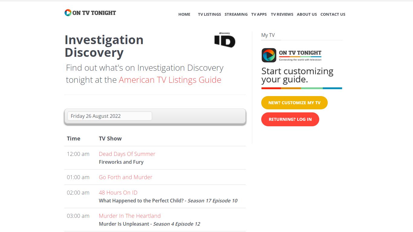 Investigation Discovery - TV Listings Guide - On TV Tonight