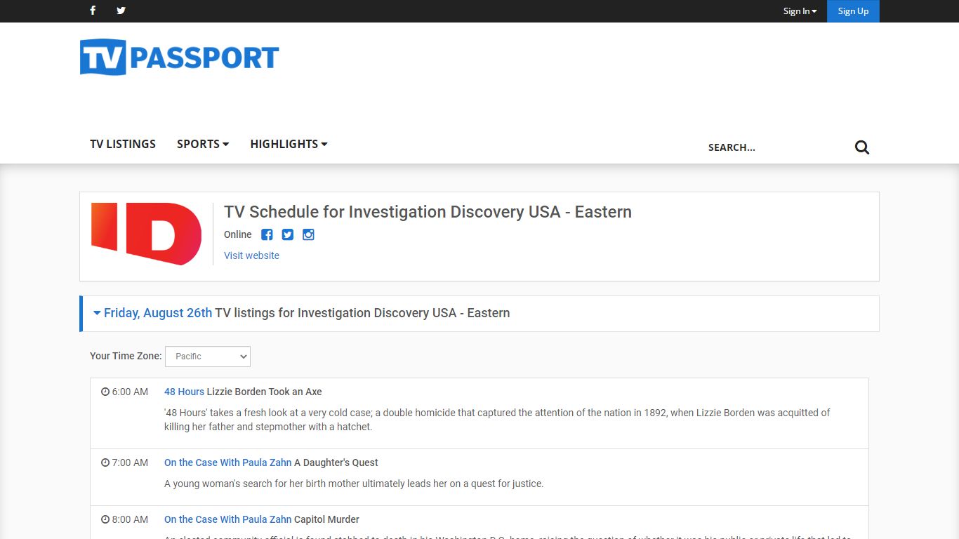 TV Schedule for Investigation Discovery USA - Eastern