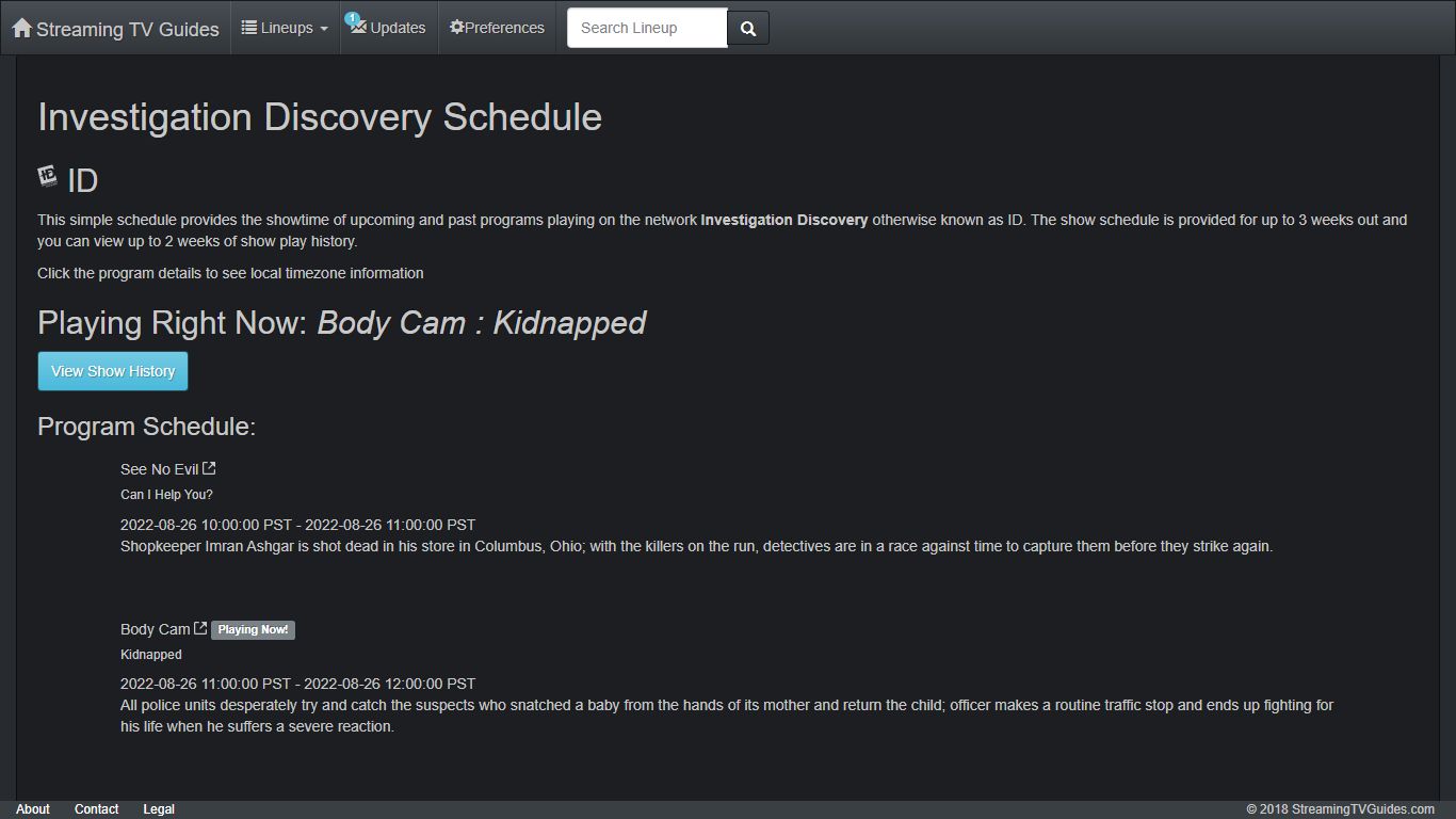 Investigation Discovery Show Schedule [ID] - Streaming TV Guides